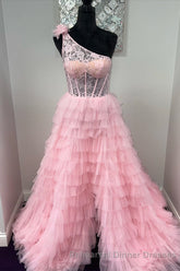 One Shoulder Lace and Tulle Tiered Ruffle Semi Formal Prom Dress